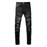 Trendy Distressed Graffiti Print Patched Stretch Denim Acid Wash Skinny Jeans