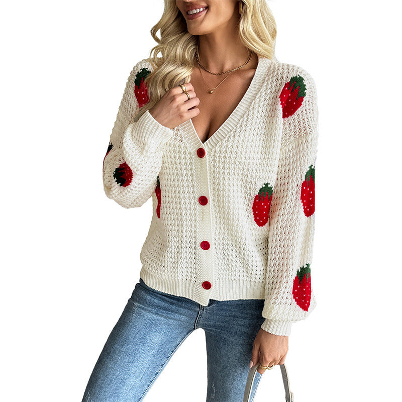 Women's Strawberry Jacquard Long Sleeve V-Neck Knit Cardigan