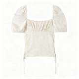 Slim fit lace up jacquard bubble sleeve T-shirt top for women