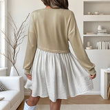 Loose Color Block Long Sleeve Round Neck Mini Dress