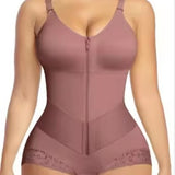 High Waist Lace Trim Shapewear Brief with Thin Straps, Front Zip Diagonal Elastic Waist