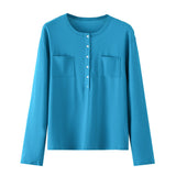 Pocket decoration small opening round neck knitted sweater for women