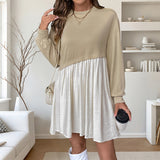 Loose Color Block Long Sleeve Round Neck Mini Dress