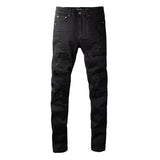 Men's Slim Fit Stretch Black Distressed Patch Vintage Jeans