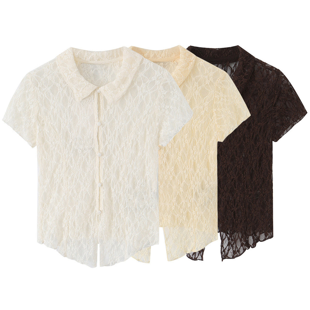 Lace button hollow short sleeved knitted sweater for women