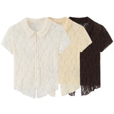 Lace button hollow short sleeved knitted sweater for women