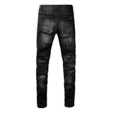 Trendy Distressed Graffiti Print Patched Stretch Denim Acid Wash Skinny Jeans