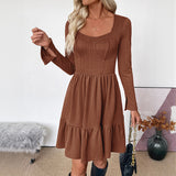 Elegant Textured Long Sleeve Square Neck Slimming Short Dress