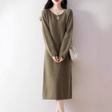 Relaxed Fit Long Sleeve Round Neck Thickened Straight Knee-Length Knit Dress