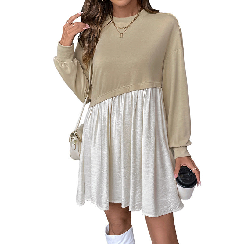 Loose Color Block Long Sleeve Round Neck Mini Dress