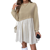 Loose Color Block Long Sleeve Round Neck Mini Dress