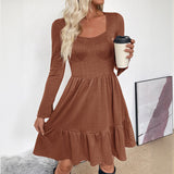 Elegant Textured Long Sleeve Square Neck Slimming Short Dress
