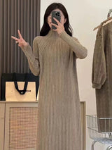 Long Sleeve Mock Neck Loose Fit Midi Knit Dress