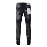 Men's Black Graffiti Splatter Distressed Skinny Jeans, Stretch Slim Fit Knee Cut-Out Denim Pants