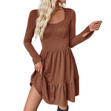 Elegant Textured Long Sleeve Square Neck Slimming Short Dress