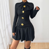 Sweet Pleated Long Sleeve Half Turtleneck Bowknot Short Dress