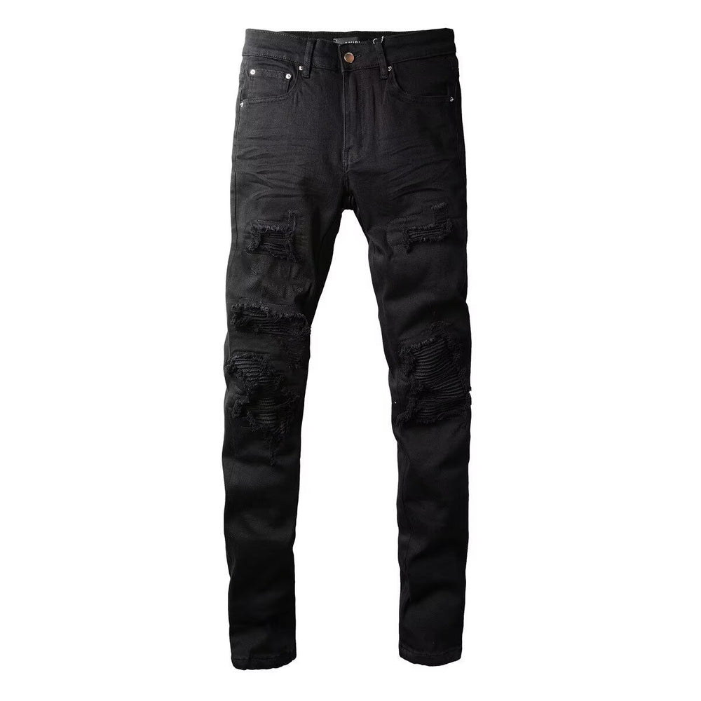 Men's Slim Fit Stretch Black Distressed Patch Vintage Jeans
