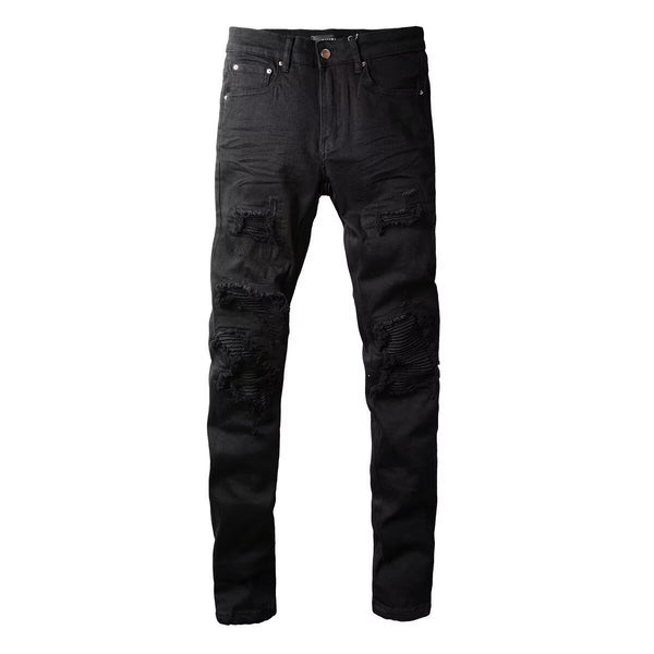Men's Slim Fit Stretch Black Distressed Patch Vintage Jeans