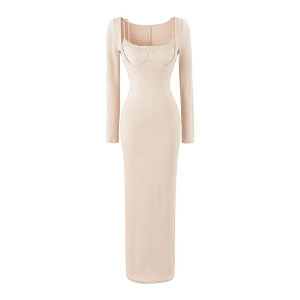 Lace Long Spaghetti Strap Waist-cinching Bodycon Maxi Dress