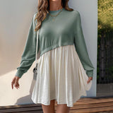 Loose Color Block Long Sleeve Round Neck Mini Dress