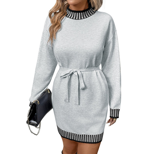 Women's Casual Striped Color Block Long Sleeve Mock Neck Tie Waist Sweater Dress