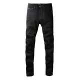 Men's Slim Fit Stretch Black Distressed Patch Vintage Jeans