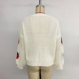 Women's Strawberry Jacquard Long Sleeve V-Neck Knit Cardigan
