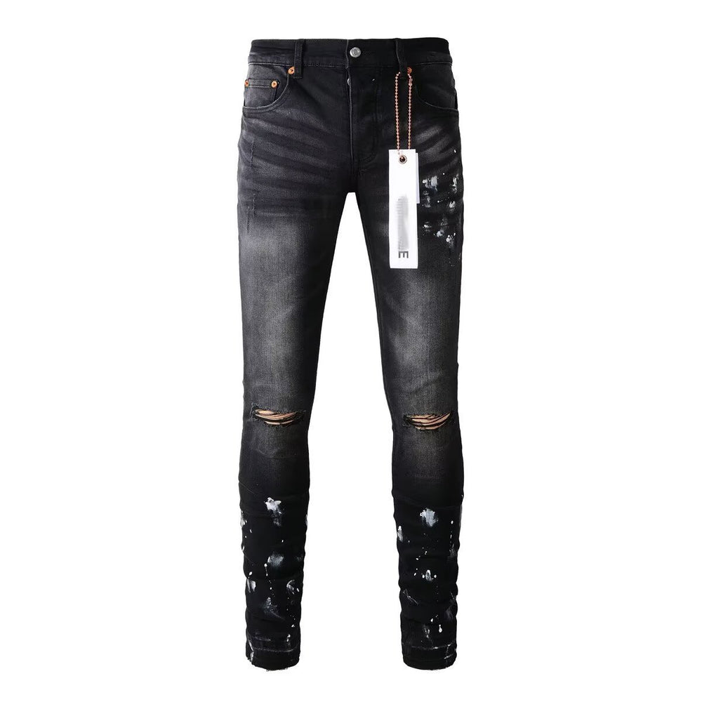 Men's Black Graffiti Splatter Distressed Skinny Jeans, Stretch Slim Fit Knee Cut-Out Denim Pants