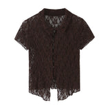 Lace button hollow short sleeved knitted sweater for women