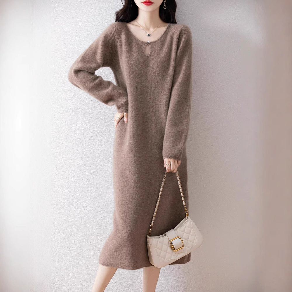 Relaxed Fit Long Sleeve Round Neck Thickened Straight Knee-Length Knit Dress