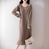 Relaxed Fit Long Sleeve Round Neck Thickened Straight Knee-Length Knit Dress
