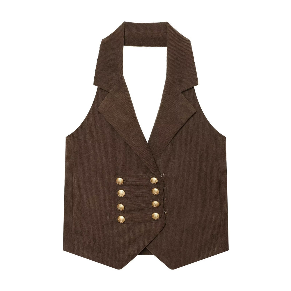 Button decoration corduroy neck hanging vest for women